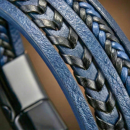 AZURE WAVE - Blue 25mm Genuine Leather Multi-Layer Bracelet with Stainless Steel Magnetic Black Buckle for Men & Boys (8 inch) — Leather Bracelet for Men | THE MEN THING
