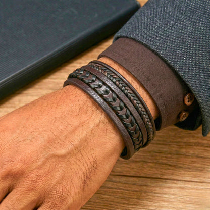 AZURE WAVE - Dark Brown 25mm Genuine Leather Multi-Layer Bracelet with Stainless Steel Magnetic Black Buckle for Men & Boys (8 inch) - THE MEN THING