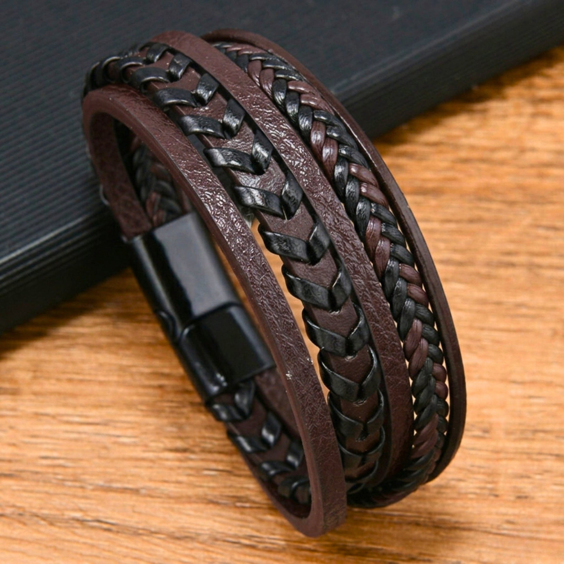 AZURE WAVE - Dark Brown 25mm Genuine Leather Multi-Layer Bracelet with Stainless Steel Magnetic Black Buckle for Men & Boys (8 inch) - THE MEN THING
