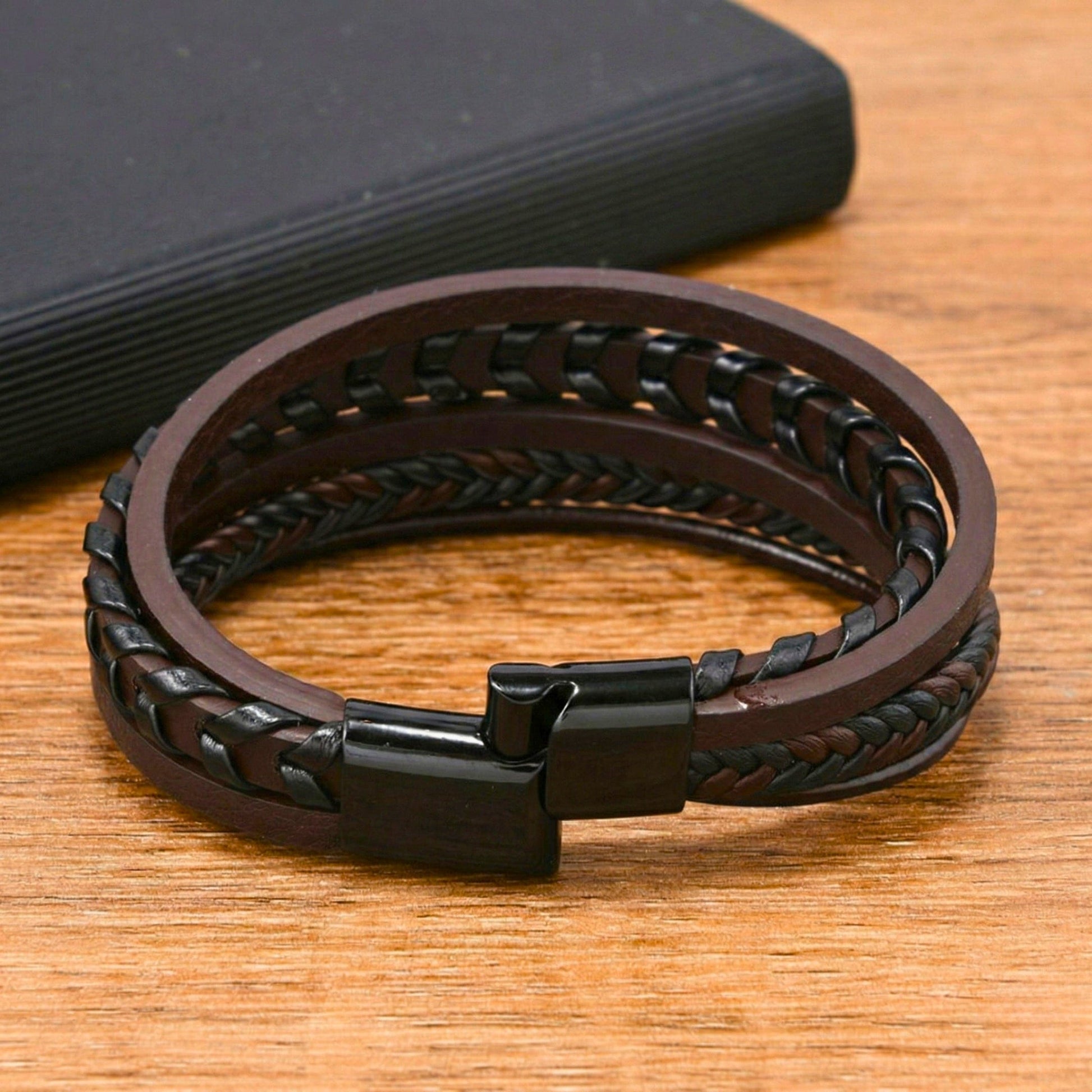 AZURE WAVE - Dark Brown 25mm Genuine Leather Multi-Layer Bracelet with Stainless Steel Magnetic Black Buckle for Men & Boys (8 inch) - THE MEN THING