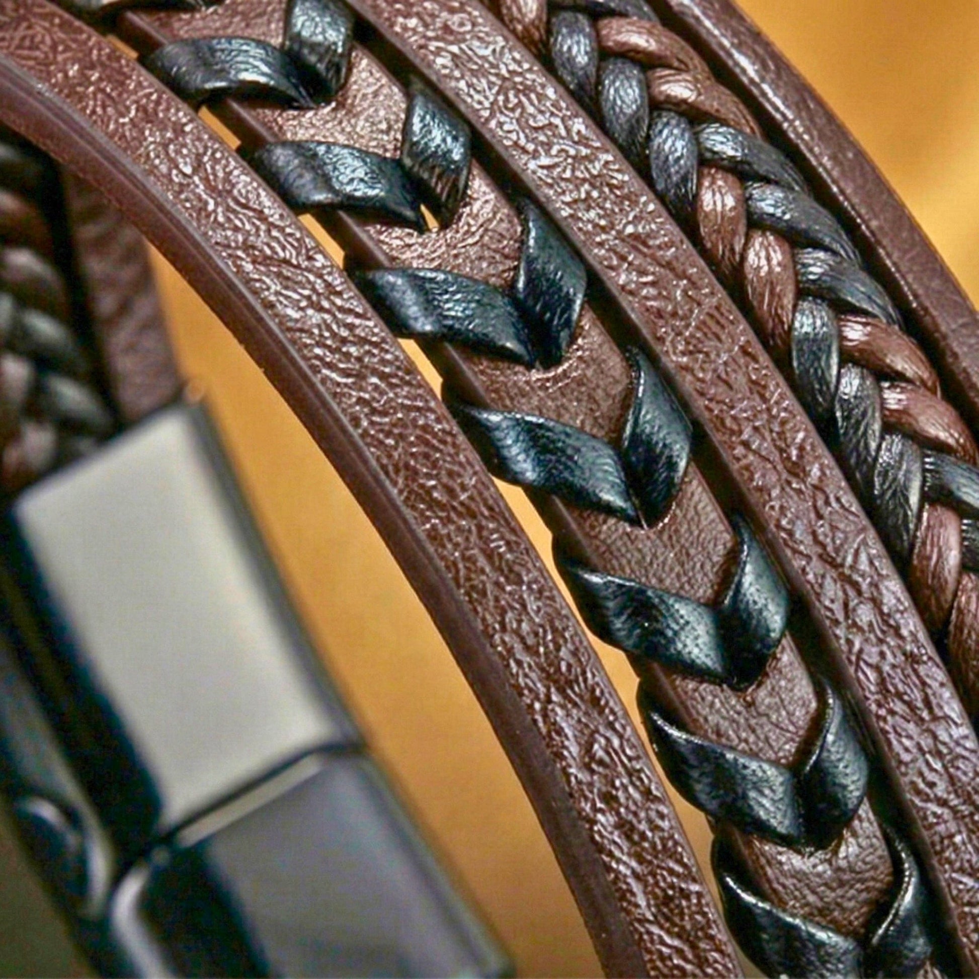 AZURE WAVE - Dark Brown 25mm Genuine Leather Multi-Layer Bracelet with Stainless Steel Magnetic Black Buckle for Men & Boys (8 inch) - THE MEN THING