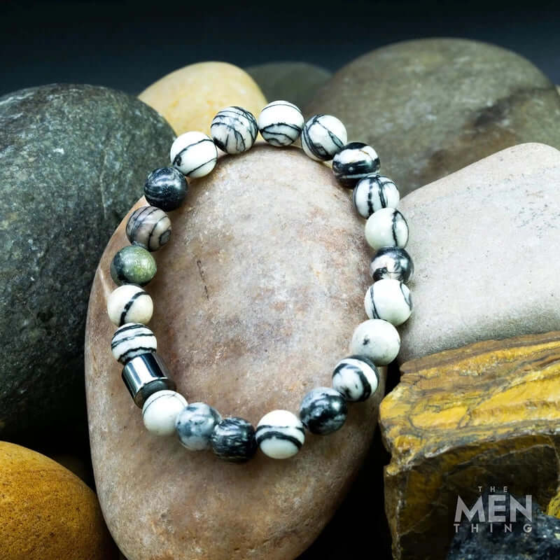 AZURITE GREY JASPER -  Beads Bracelet with Natural Stone - 7 inch Stretch Bracelet - THE MEN THING