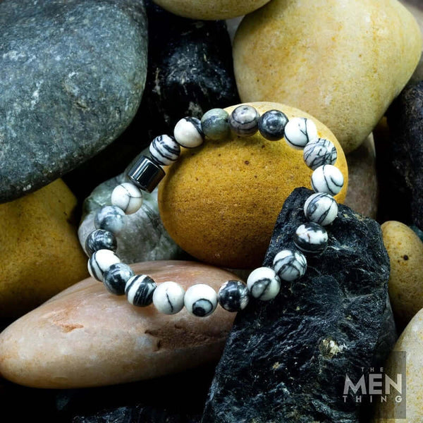 AZURITE GREY JASPER -  Beads Bracelet with Natural Stone - 7 inch Stretch Bracelet