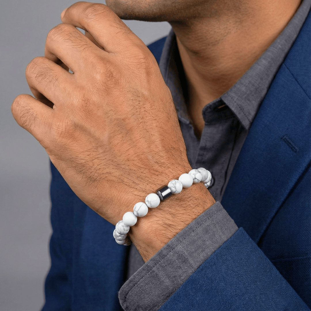 AZURITE MOONLIGHT LUSTRE - Natural Beads Bracelet for Men - Become Money Magnet - Howlite Natural Stone Colorful 7 Chakra Energy Stretch Bracelet (7inch) — Bead Bracelet for Men | THE MEN THING