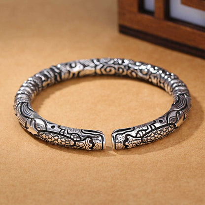 TWO HEADED DRAGON - "7" mm Pure Alloy Silver Cuff Adjustable Bracelet for Men & Boy
