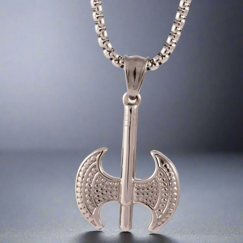 BATTLE DOUBLE AXE - Pure Titanium Steel Axe Pendant with 24inch Round Box Chain for Men & Boys - THE MEN THING