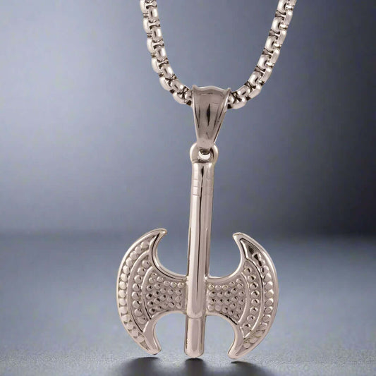 BATTLE DOUBLE AXE - Pure Titanium Steel Axe Pendant with 24inch Round Box Chain for Men & Boys - THE MEN THING