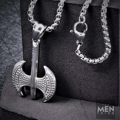BATTLE DOUBLE AXE - Pure Titanium Steel Axe Pendant with 24inch Round Box Chain for Men & Boys - THE MEN THING