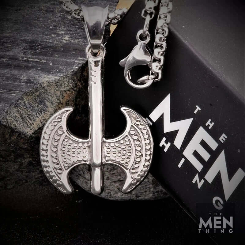 BATTLE DOUBLE AXE - Pure Titanium Steel Axe Pendant with 24inch Round Box Chain for Men & Boys - THE MEN THING