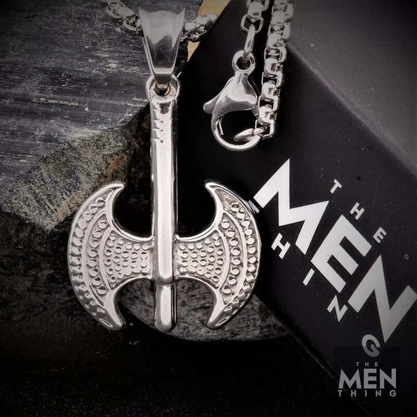 BATTLE DOUBLE AXE - Pure Titanium Steel Axe Pendant with 24inch Round Box Chain for Men & Boys