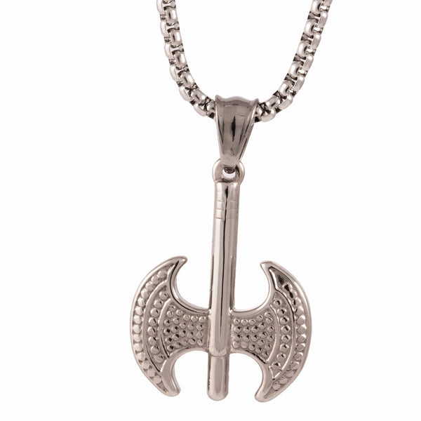 BATTLE DOUBLE AXE - Pure Titanium Steel Axe Pendant with 24inch Round Box Chain for Men & Boys