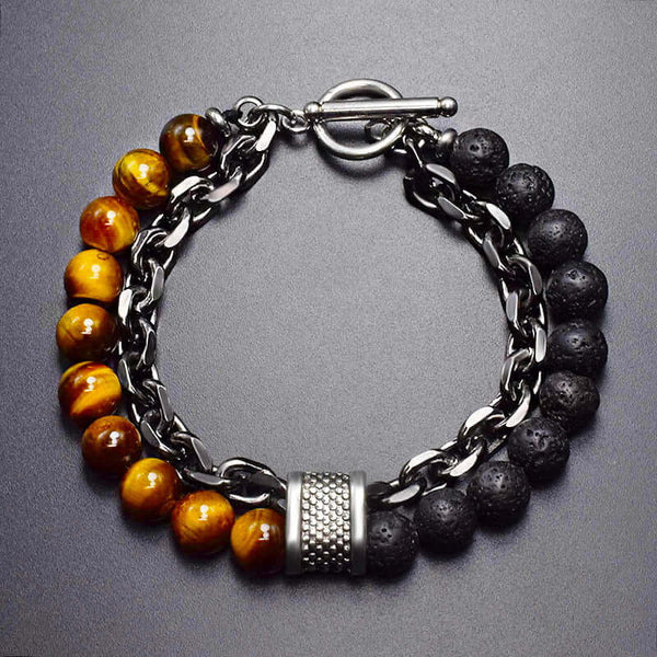 BEADFUSION BROWN -  Natural Beads Bracelet for Men - Become Money Magnet - Black Tiger Eye Stone Colorful 7 Chakra Energy Stretch Bracelet (8inch)