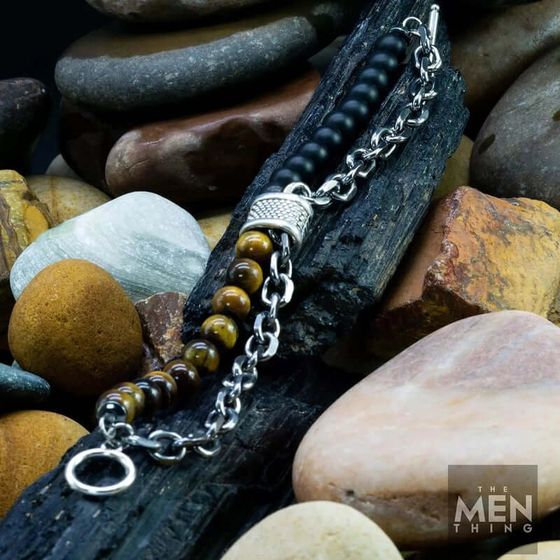 BEADFUSION BROWN - Natural Beads Bracelet for Men - Become Money Magnet - Black Tiger Eye Stone Colorful 7 Chakra Energy Stretch Bracelet (8inch) — Bead Bracelet for Men | THE MEN THING