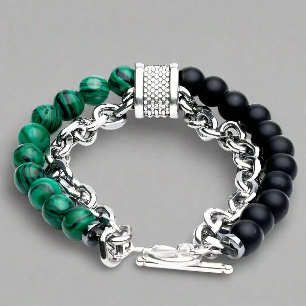 BEADFUSION GREEN-  Natural Beads Bracele - Become Money Magnet - Malachite Natural Stone Colorful 7 Chakra Energy Stretch Bracelet (8inch) - THE MEN THING