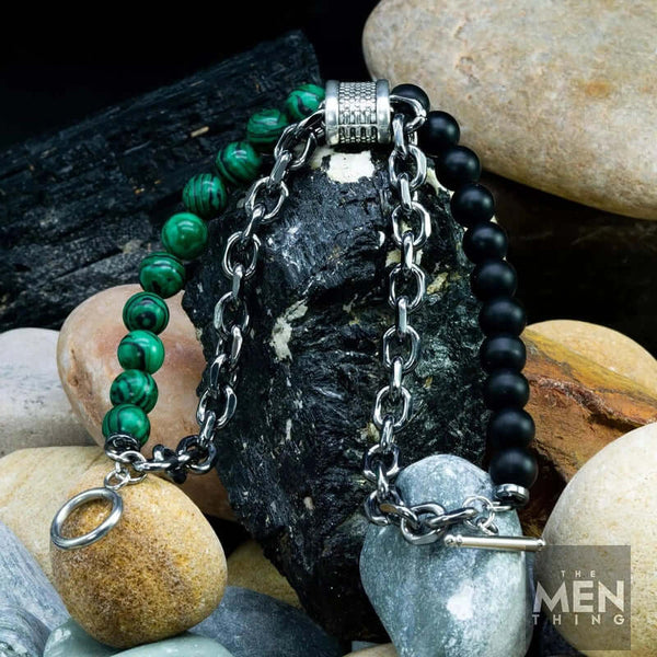 BEADFUSION GREEN-  Natural Beads Bracele - Become Money Magnet - Malachite Natural Stone Colorful 7 Chakra Energy Stretch Bracelet (8inch)