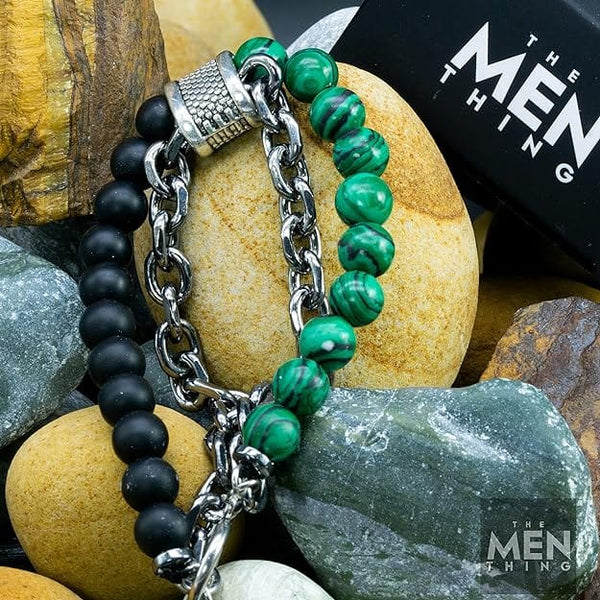 BEADFUSION GREEN-  Natural Beads Bracele - Become Money Magnet - Malachite Natural Stone Colorful 7 Chakra Energy Stretch Bracelet (8inch)