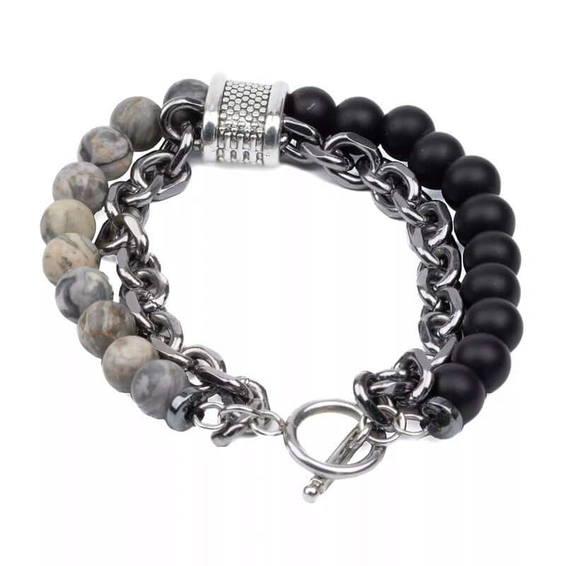 BEADFUSION GREY - Natural Beads Bracelet for Men - Become Money Magnet - Natural Flash Stone Colorful 7 Chakra Energy Stretch Bracelet (8inch) - THE MEN THING