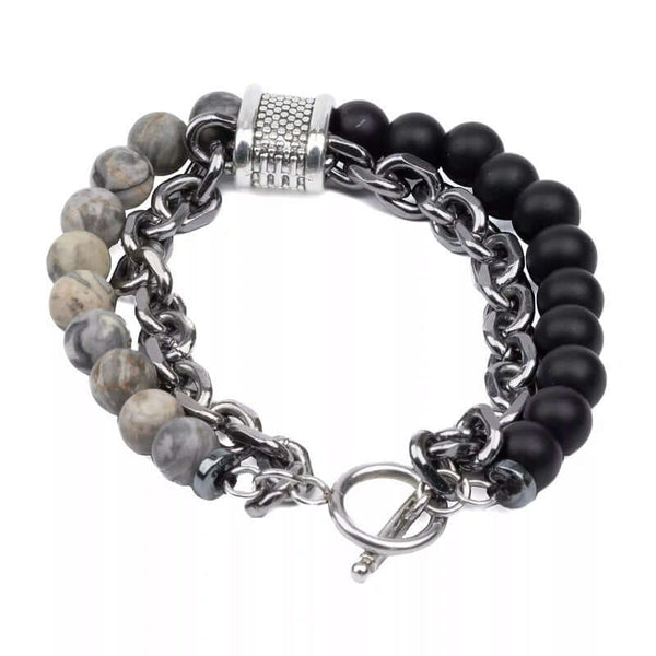 BEADFUSION GREY - Natural Beads Bracelet for Men - Become Money Magnet - Natural Flash Stone Colorful 7 Chakra Energy Stretch Bracelet (8inch)