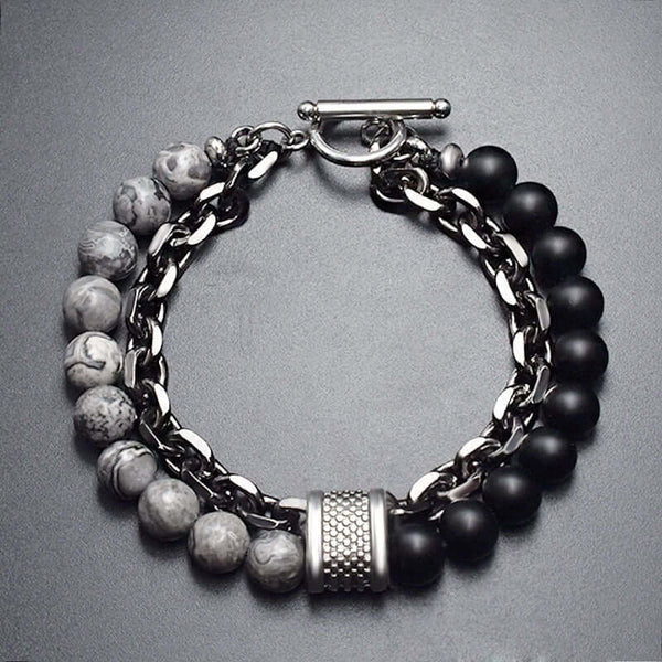 BEADFUSION GREY - Natural Beads Bracelet for Men - Become Money Magnet - Natural Flash Stone Colorful 7 Chakra Energy Stretch Bracelet (8inch)