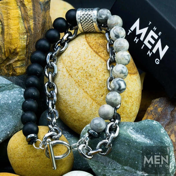 BEADFUSION GREY - Natural Beads Bracelet for Men - Become Money Magnet - Natural Flash Stone Colorful 7 Chakra Energy Stretch Bracelet (8inch)