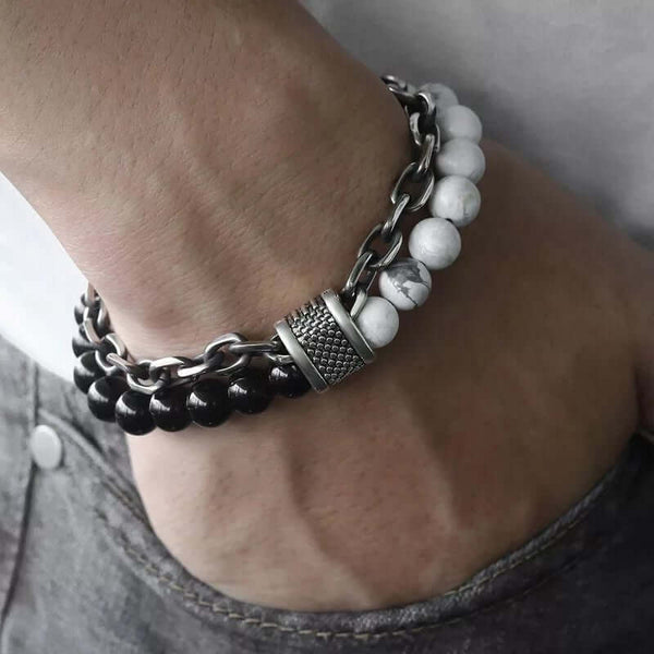 BEADFUSION WHITE - Natural Beads Bracelet for Men - Become Money Magnet - Natural Volcanic Stone Colorful 7 Chakra Energy Stretch Bracelet (8inch)