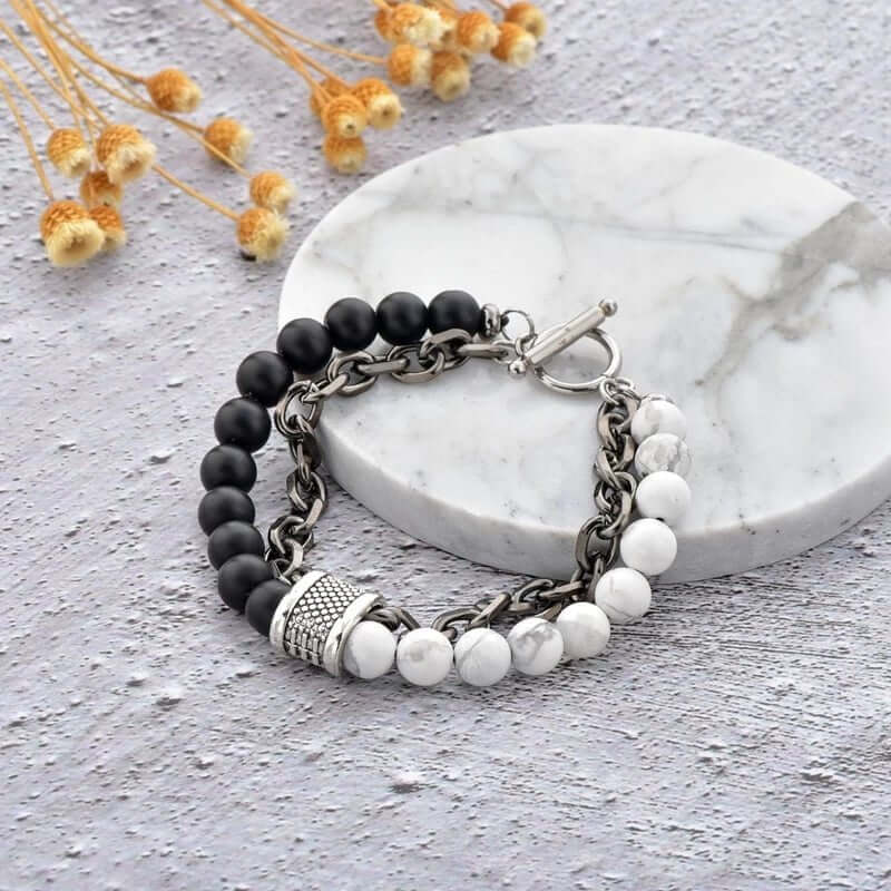 BEADFUSION WHITE - Natural Beads Bracelet for Men - Become Money Magnet - Natural Volcanic Stone Colorful 7 Chakra Energy Stretch Bracelet (8inch) - THE MEN THING