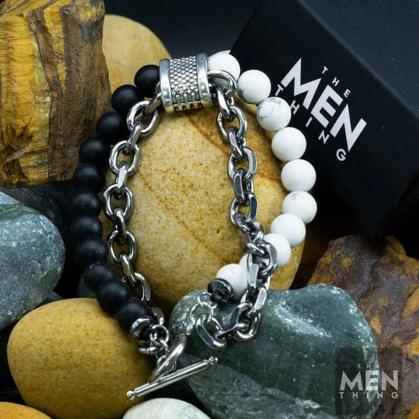 BEADFUSION WHITE - Natural Beads Bracelet for Men - Become Money Magnet - Natural Volcanic Stone Colorful 7 Chakra Energy Stretch Bracelet (8inch)
