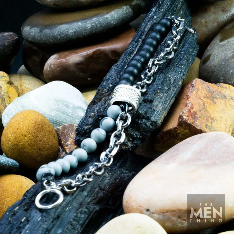BEADFUSION WHITE - Natural Beads Bracelet for Men - Become Money Magnet - Natural Volcanic Stone Colorful 7 Chakra Energy Stretch Bracelet (8inch) - THE MEN THING