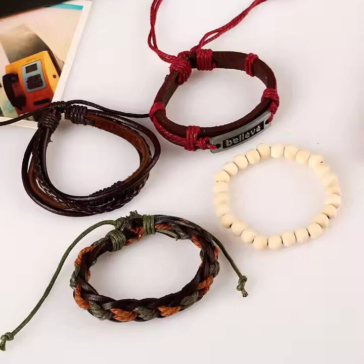 BELIEVE BAND - 4 Pcs Genuine Braided Leather Bracelet Set for Men & Boys (8 inch) — Leather Bracelet for Men | THE MEN THING