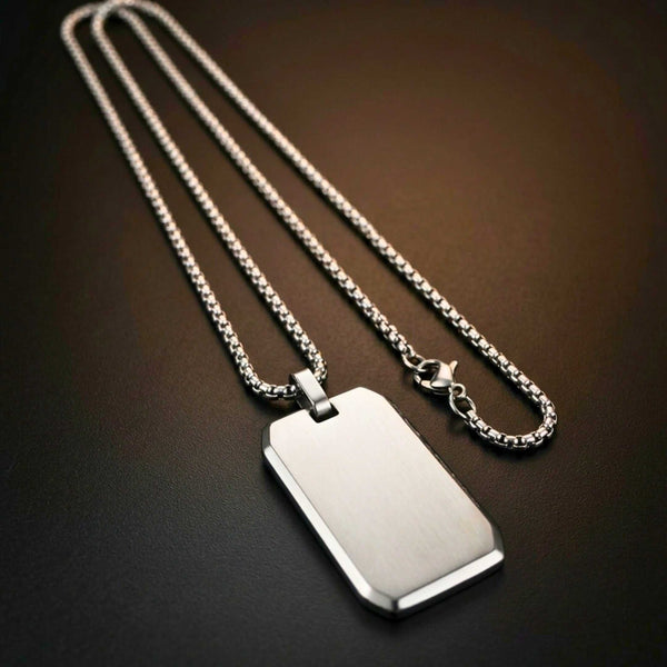 BEVELED DOG TAG - 20mm Pure Titanium Steel Pendant with 23inch Round Box 4mm Chain for Men & Boys