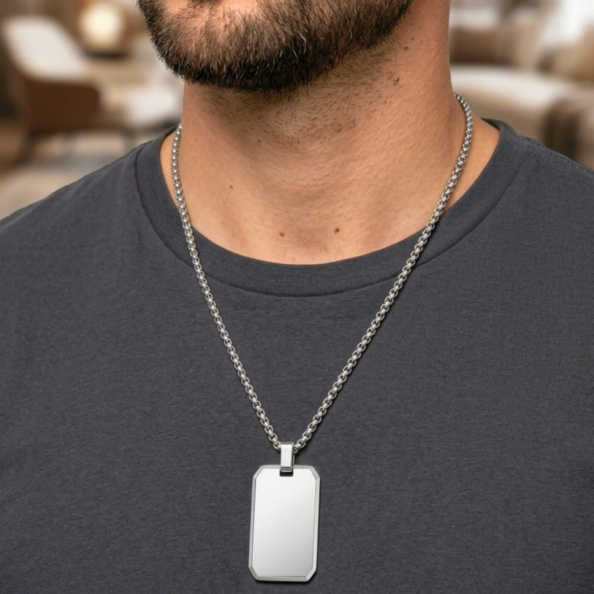 BEVELED DOG TAG - 20mm Pure Titanium Steel Pendant with 23inch Round Box 4mm Chain for Men & Boys — SS Pendant/ Necklace for Men | THE MEN THING
