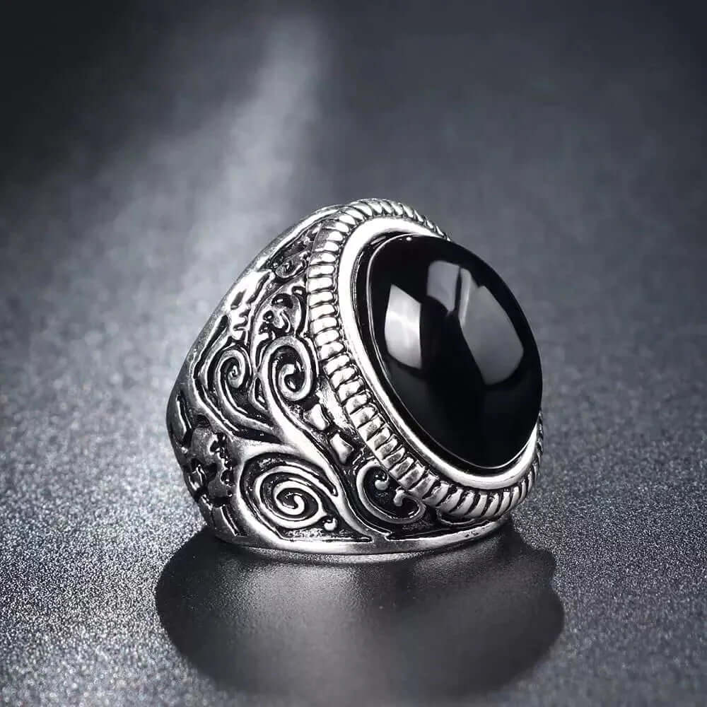 BLACK ENIGMA - Titanium Steel Vintage Ring with Black Stone ( Size -17-21- 24) - THE MEN THING