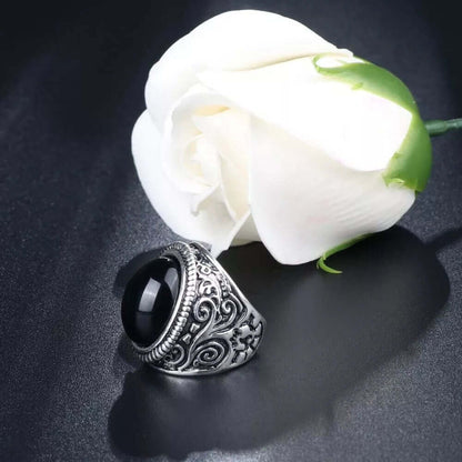 BLACK ENIGMA - Titanium Steel Vintage Ring with Black Stone ( Size -17-21- 24) - THE MEN THING