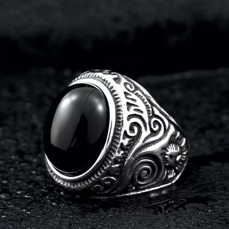 BLACK ENIGMA - Titanium Steel Vintage Ring with Black Stone ( Size -17-21- 24) - THE MEN THING