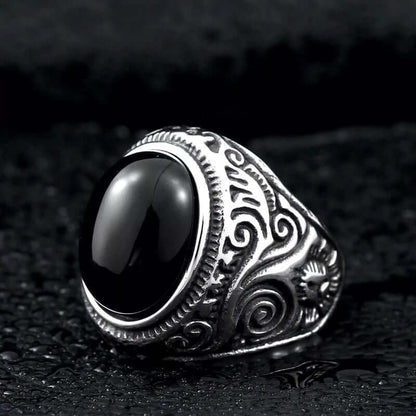 BLACK ENIGMA - Titanium Steel Vintage Ring with Black Stone ( Size -17-21- 24) - THE MEN THING