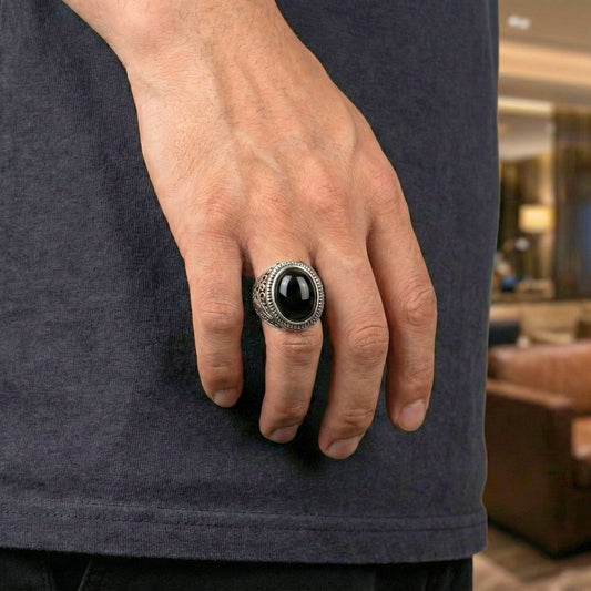 BLACK ENIGMA - Titanium Steel Vintage Ring with Black Stone ( Size -17-21- 24) - THE MEN THING