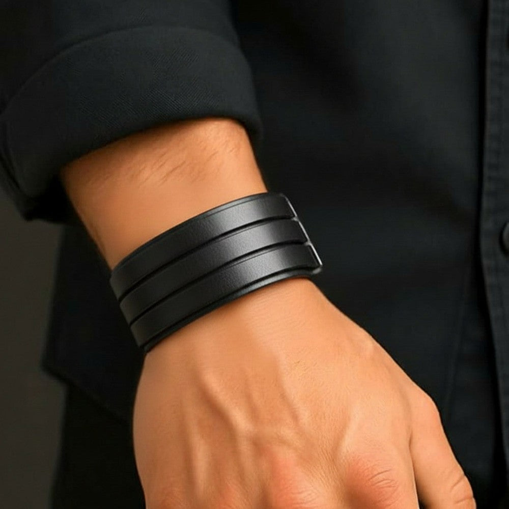 BLACK FORTRESS - 70.4mm Black Genuine Leather Adjustable Bracelet for Men & Boys (10.5 inch) - THE MEN THING