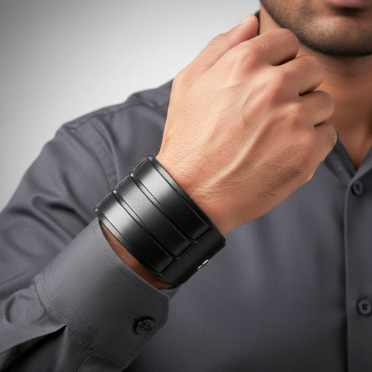BLACK FORTRESS - 70.4mm Black Genuine Leather Adjustable Bracelet for Men & Boys (10.5 inch) - THE MEN THING