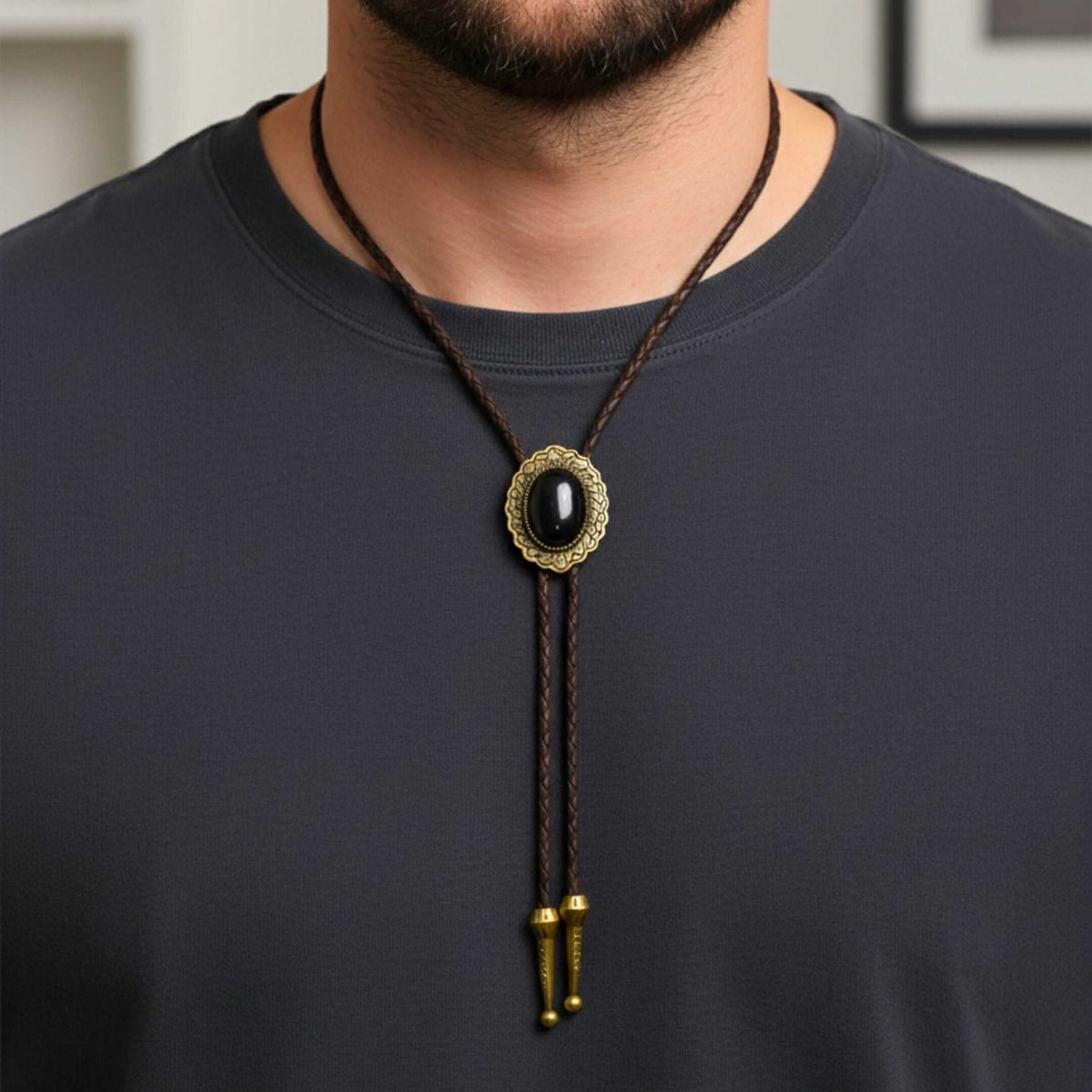BLACK HERITAGE BOLO – 1.5 inch Pure Stainless Steel Pendant with Adjustable Brown Leather Rope for Men & Boys — Leather Necklace for Men | THE MEN THING