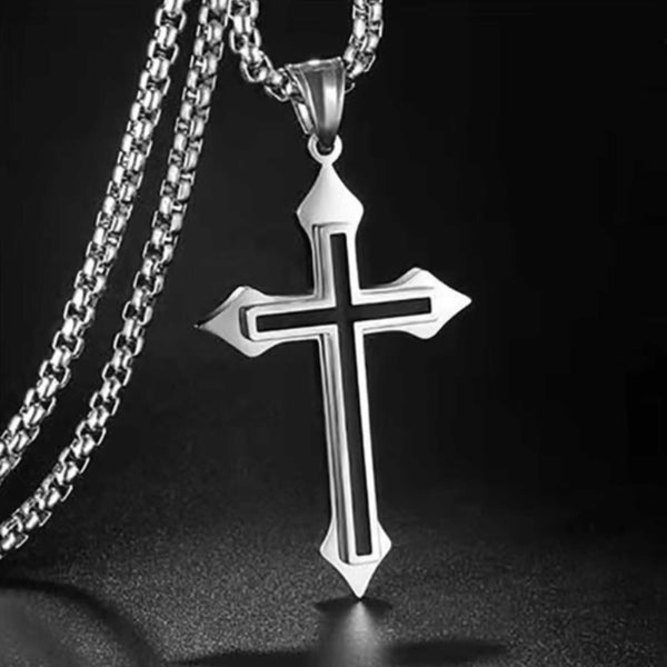 BLACK INLAY CROSS - 33mm Pure Titanium Steel Pendant with 23inch Round Box 4mm Chain for Men & Boys