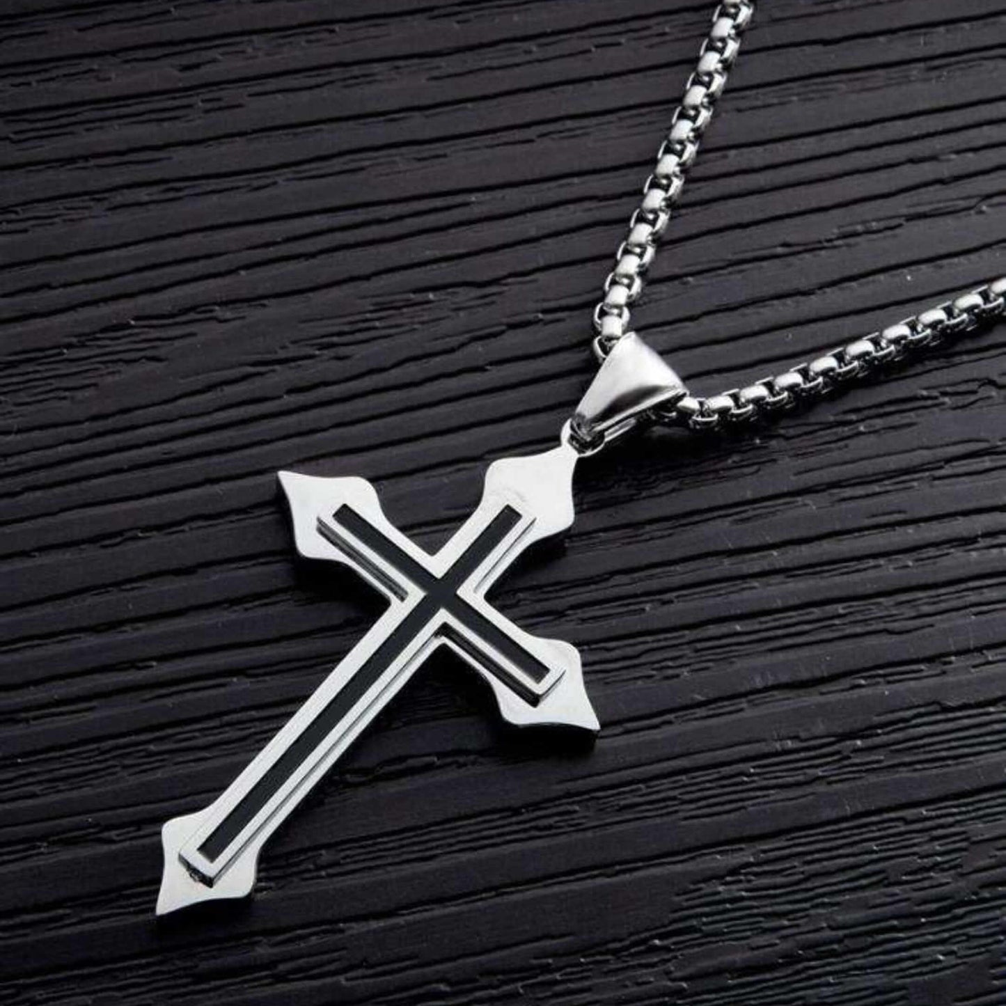 BLACK INLAY CROSS - 33mm Pure Titanium Steel Pendant with 23inch Round Box 4mm Chain for Men & Boys — SS Pendant/ Necklace for Men | THE MEN THING