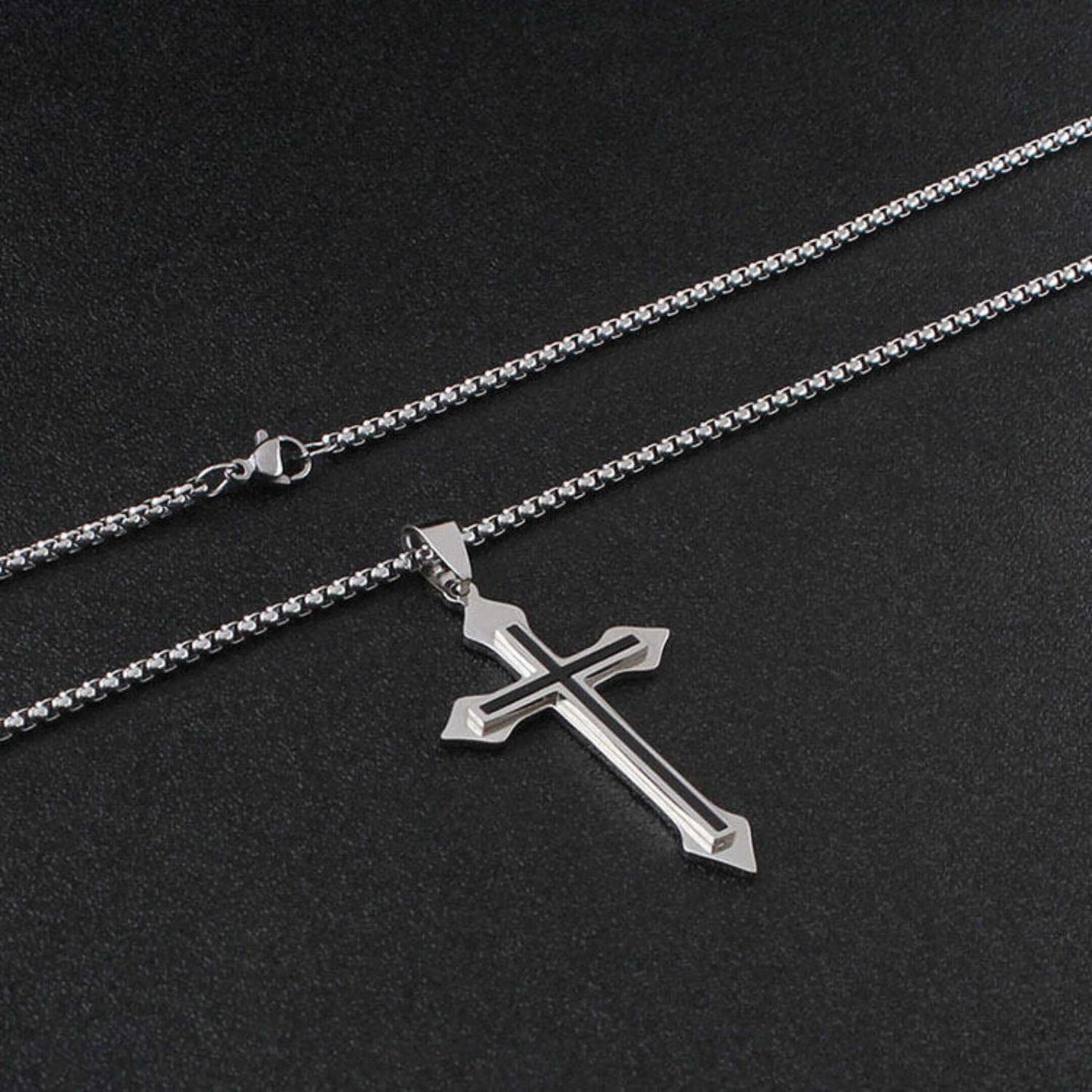 BLACK INLAY CROSS - 33mm Pure Titanium Steel Pendant with 23inch Round Box 4mm Chain for Men & Boys — SS Pendant/ Necklace for Men | THE MEN THING