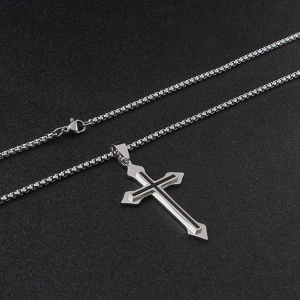 BLACK INLAY CROSS - 33mm Pure Titanium Steel Pendant with 23inch Round Box 4mm Chain for Men & Boys