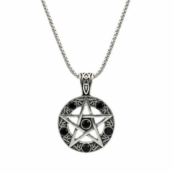 BLACK PENTAGRAM STAR - 31mm Pure Titanium Steel Pendant with 23inch Round Box 4mm Chain for Men & Boys
