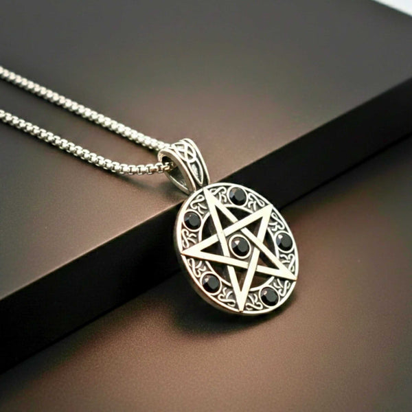 BLACK PENTAGRAM STAR - 31mm Pure Titanium Steel Pendant with 23inch Round Box 4mm Chain for Men & Boys