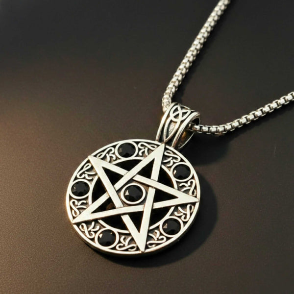 BLACK PENTAGRAM STAR - 31mm Pure Titanium Steel Pendant with 23inch Round Box 4mm Chain for Men & Boys