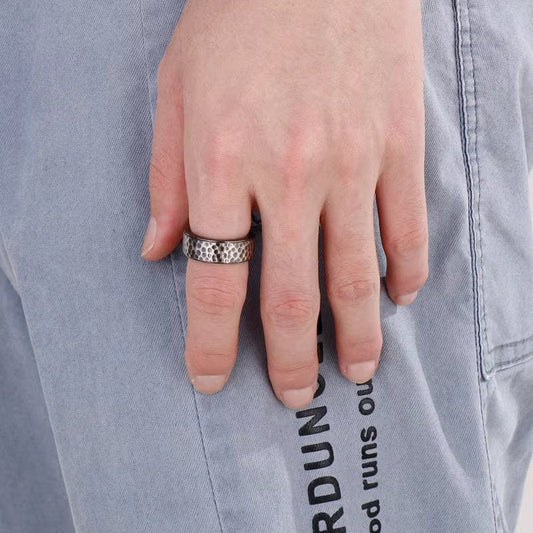 BLACK TITANIUM HAMMERED RING - Silver Ring - Pure Titanium Steel Ring for Men Size - 21 - THE MEN THING