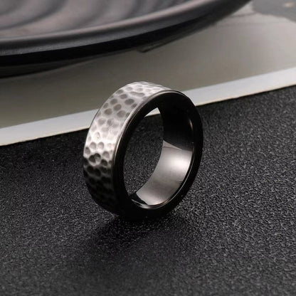 BLACK TITANIUM HAMMERED RING - Silver Ring - Pure Titanium Steel Ring for Men Size - 21 - THE MEN THING