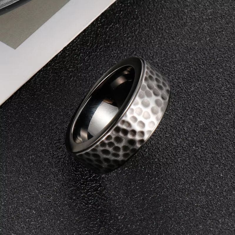 BLACK TITANIUM HAMMERED RING - Silver Ring - Pure Titanium Steel Ring for Men Size - 21 - THE MEN THING