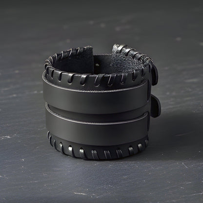 BLACK VORTEX - 50.5mm Black Genuine Leather Adjustable Bracelet for Men & Boys (11 inch) - THE MEN THING